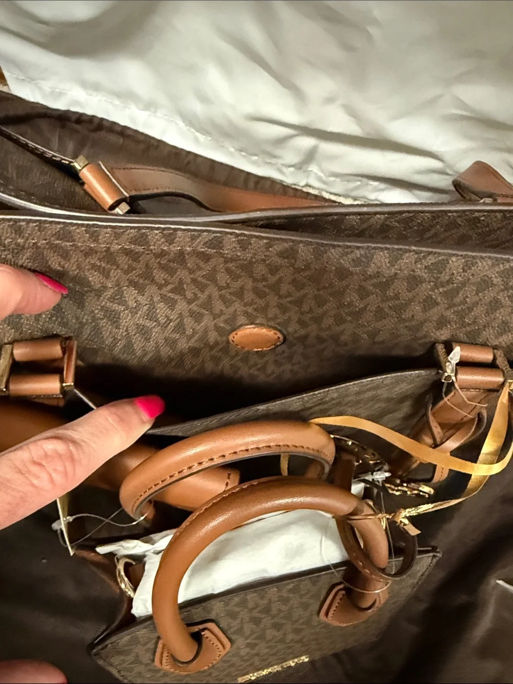 NWT Michael Kors Brown Monogram & Tan Leather Shoulder Bag Set